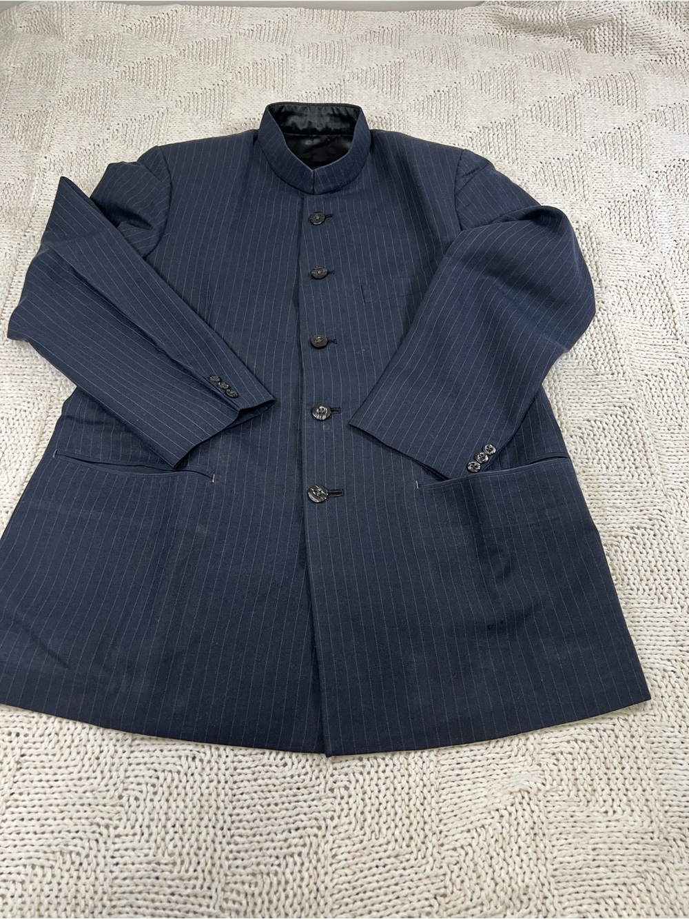 Men's Navy Pinstripe Mandarin Collar Blazer